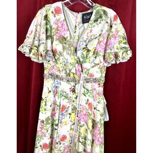 NWT 4 Mac Duggal 9079 floral print crystal bead waist sequin maxi dress ruffle